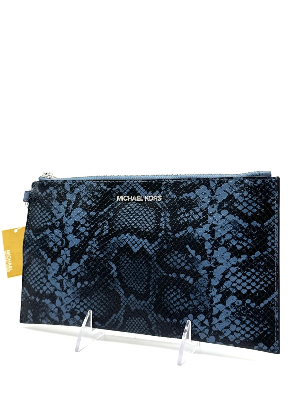 Michael Kors Blue Snake-Print Zip Pouch with Gold Logo